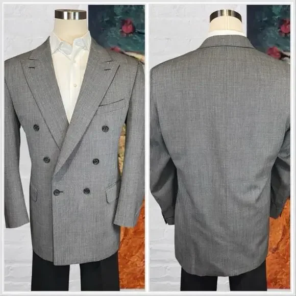 Vintage Burberry Mens 46L Gray Nailhead Double Breasted Designer Power Blazer - Picture 4 of 14
